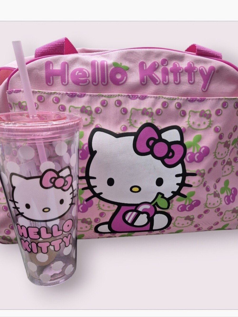 Hello Kitty 2pc Set-Pink VTG Duffel-O/N Trav Bag & SIL Buffalo HK Face CRVL Cup